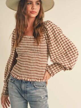 Molly Green Ginger Check Gingham Smocked Square Neck Top M